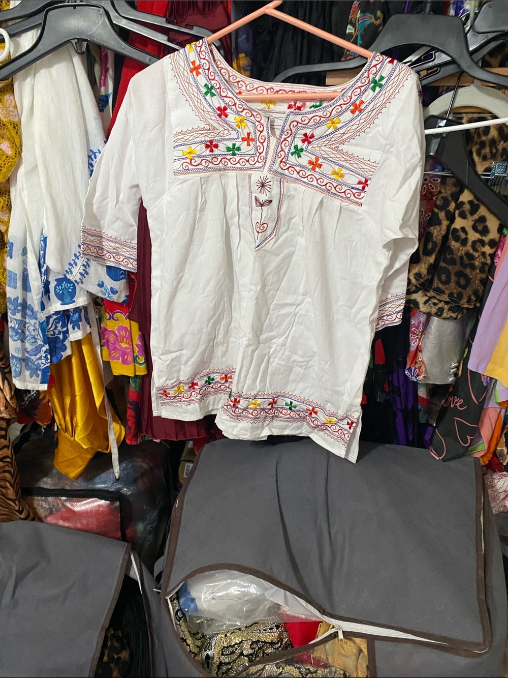 Embroidered White Cotton Peasant Top - Brand Unbranded
